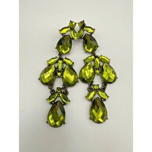 Vintage Inspired Olive Green Glass Chandelier Earrings Statement Boho Glam 3.25"
